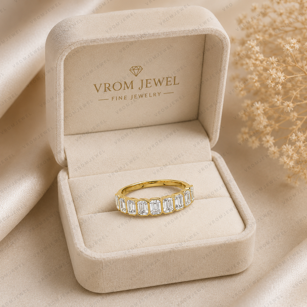 Emerald Cut Lab Grown Diamond Bezel Set Wedding Band in Solid 14K Gold