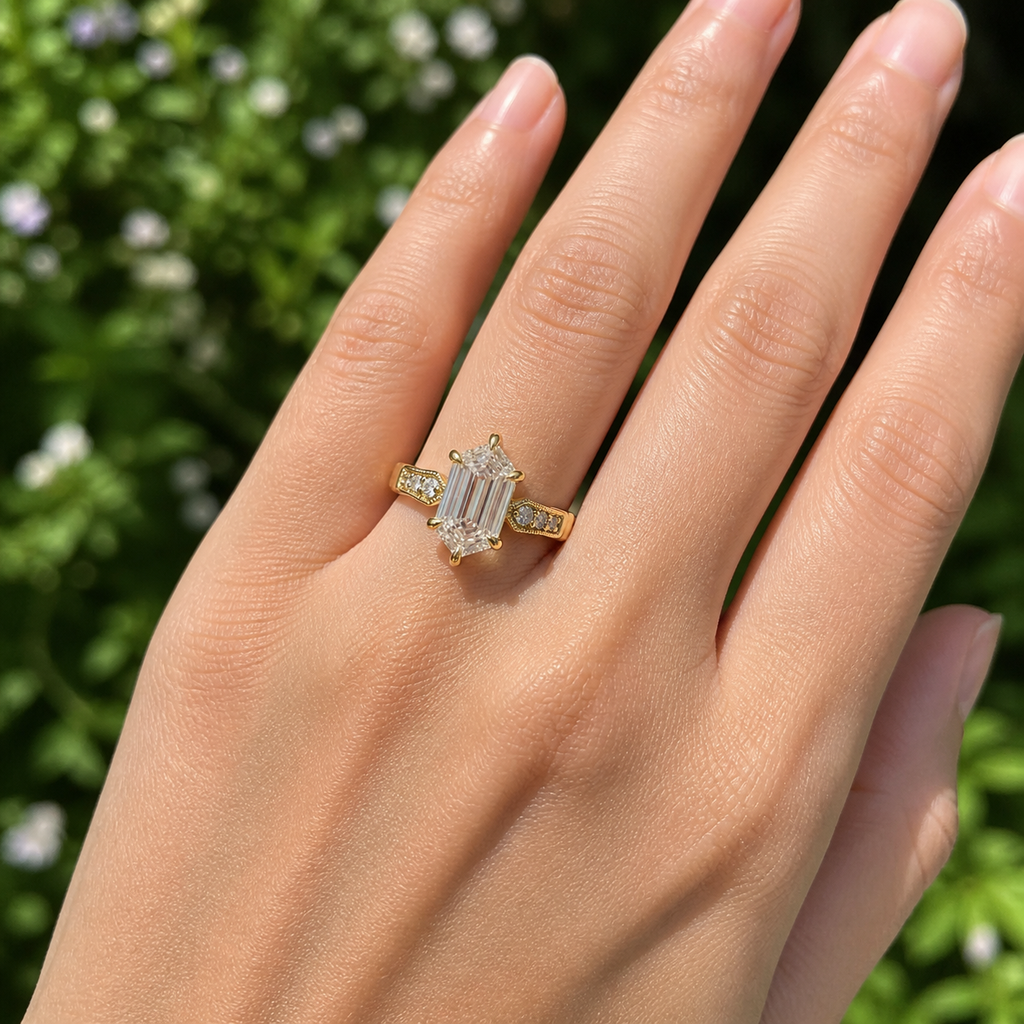 Hexagon Diamond Signet Ring, Hexagon Lab Grown Diamond Ring, Modern Geometric Gold Ring, Statement Diamond Ring, Unique Signet Ring