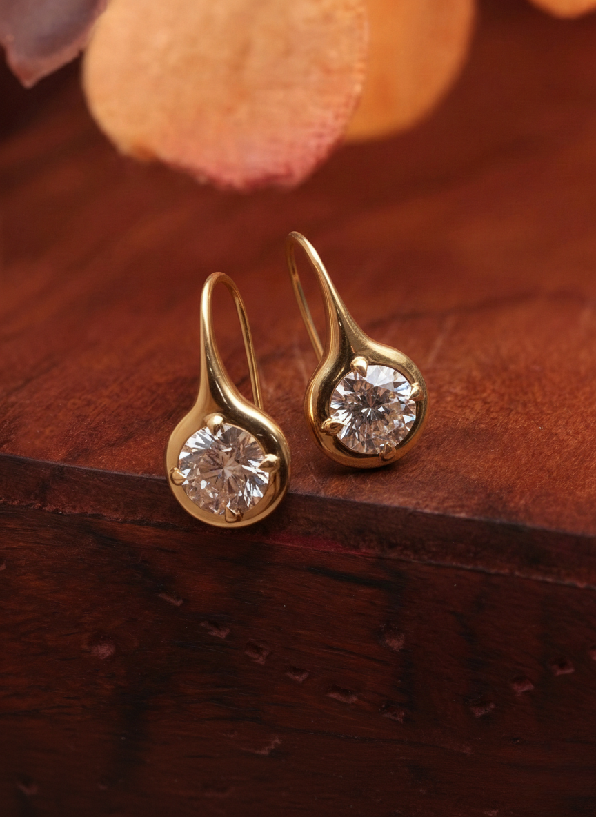 Round Lab Grown Diamond Threader Earrings, Minimalist Diamond Drop Earrings, 14K Yellow Gold, Modern Diamond Earrings, Gift for Her