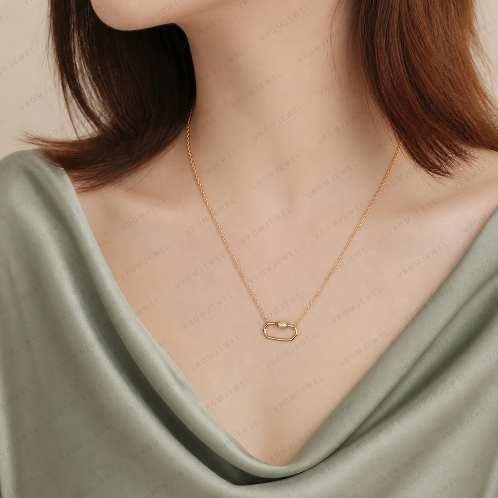 Double Layer Hollow Necklace, Geometric Link Diamond Necklace, Lab Grown Diamond Necklace, Solid Gold Minimalist Necklace, Modern Necklace,