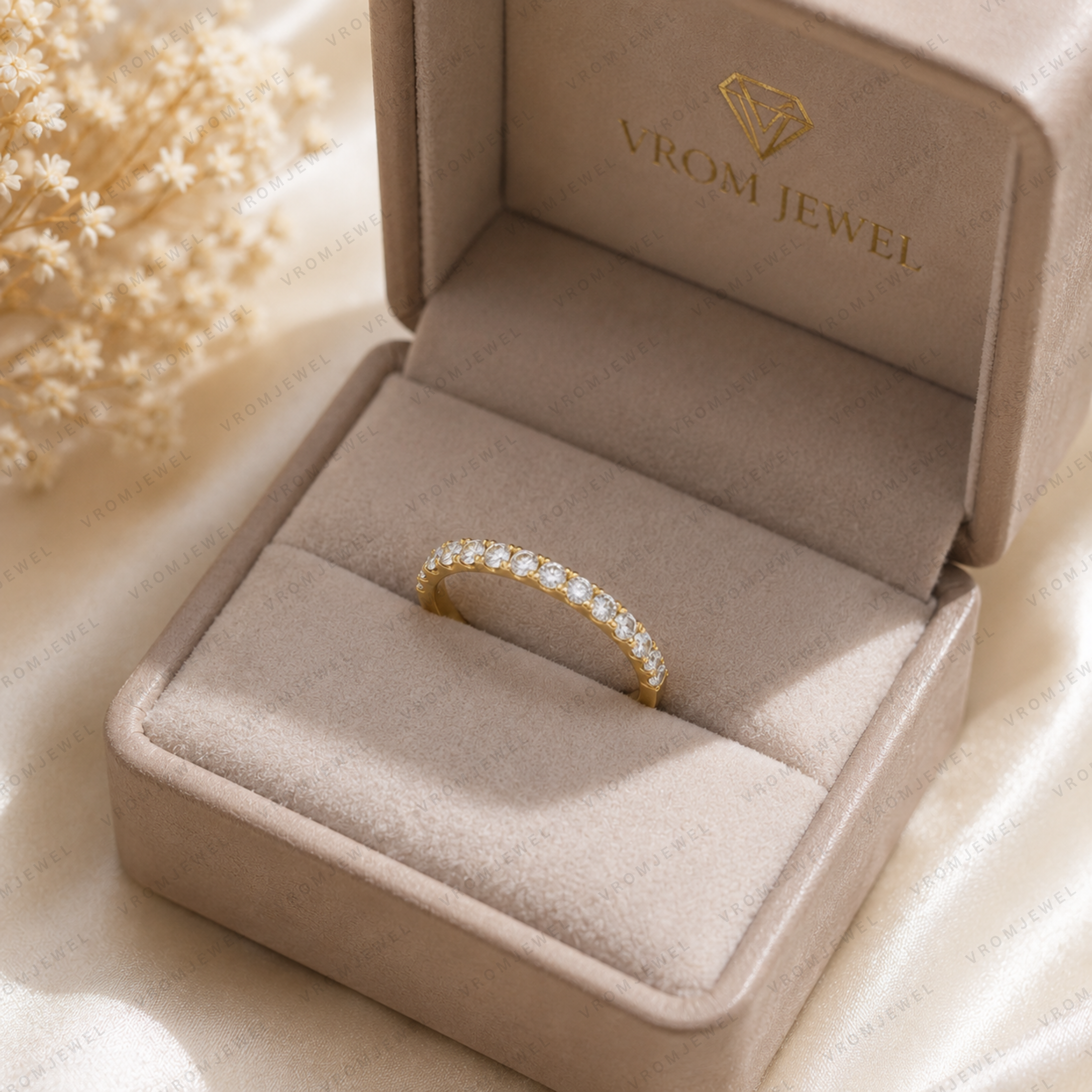 Round Lab Grown Diamond Half Eternity Wedding Band in Solid 14K Gold
