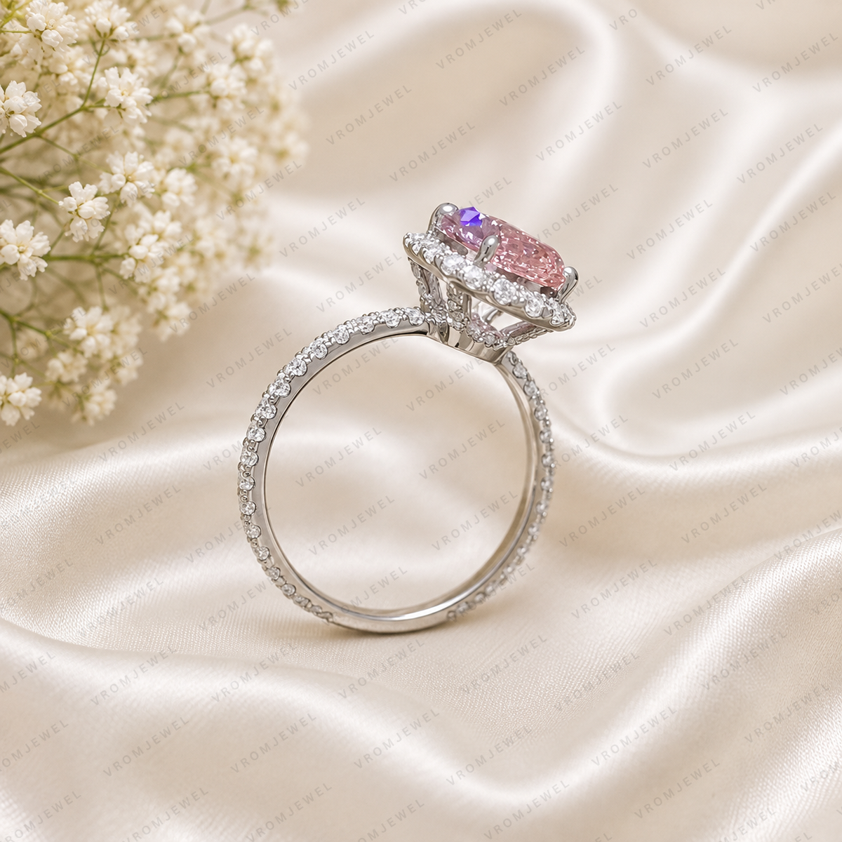 Pink Oval Lab Grown Diamond Engagement Ring, 2.50 Carat Pink Diamond Ring, Oval Halo Ring, Pave Diamond Band, Vintage Inspired Ring, 10K 14K