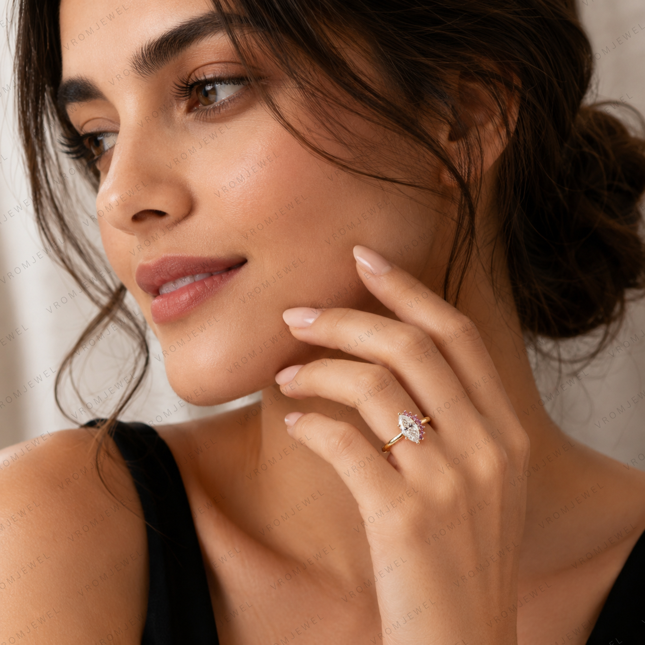 Marquise Lab Grown Diamond & Pink Sapphire Two Stone Ring in 14K or 18K Gold