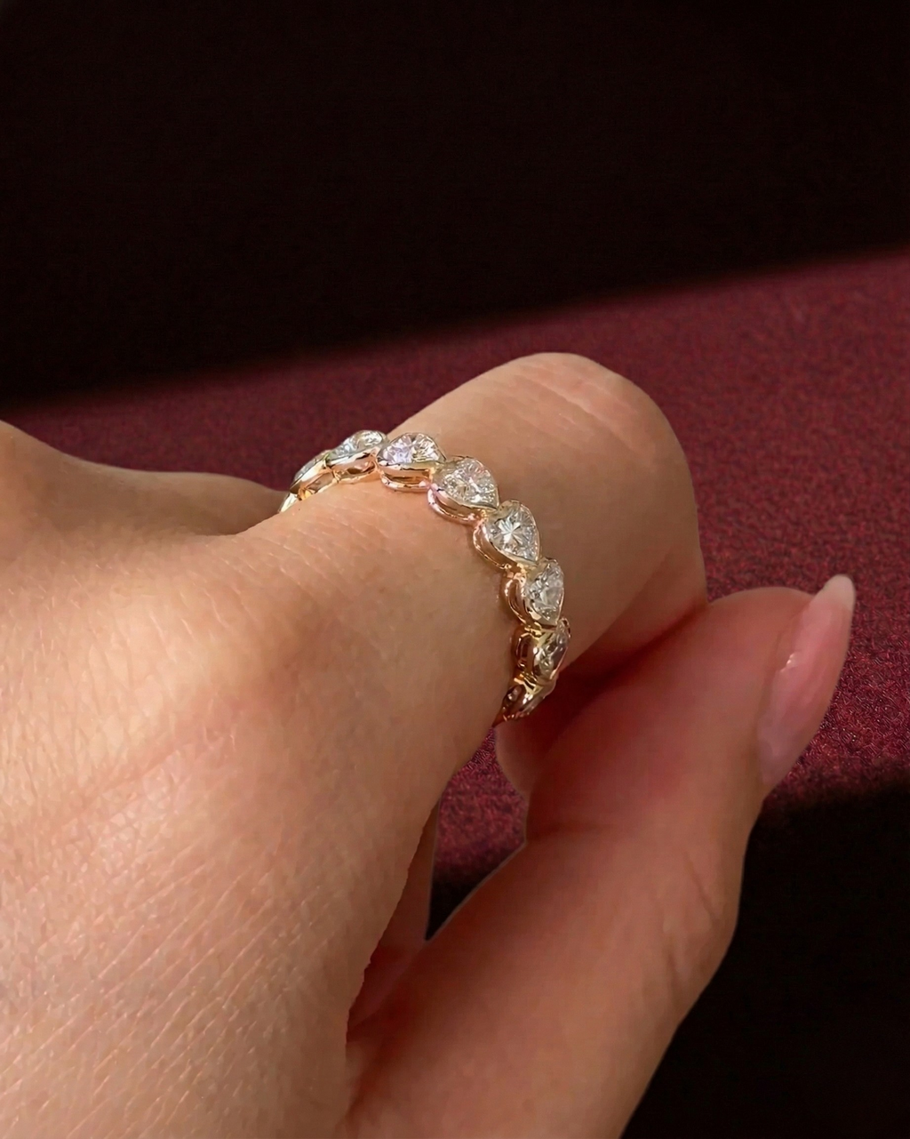 Heart Shape Diamond Half Eternity Band, Bezel Set Heart Diamond Wedding Band, Heart Diamond Anniversary Ring, Stackable Diamond Band.