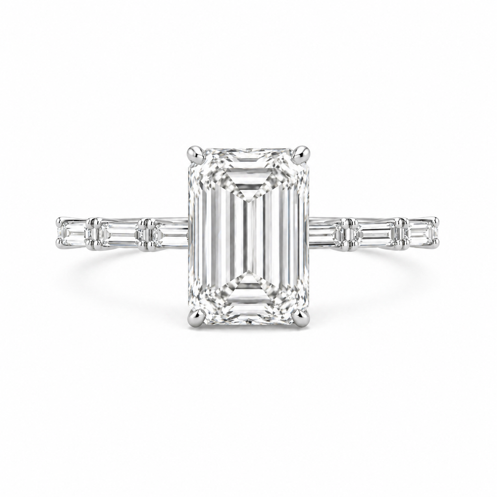 Emerald Cut Lab Grown Diamond Ring with Baguette Side Accents | 2 CT IGI Certified | 14K Gold Elegant Ring