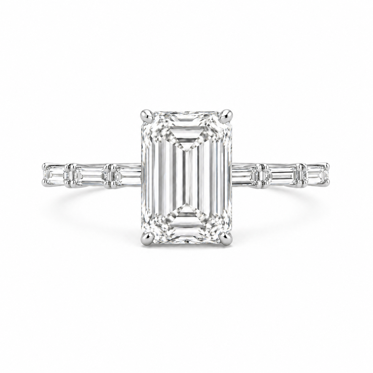 Emerald Cut Lab Grown Diamond Ring with Baguette Side Accents | 2 CT IGI Certified | 14K Gold Elegant Ring