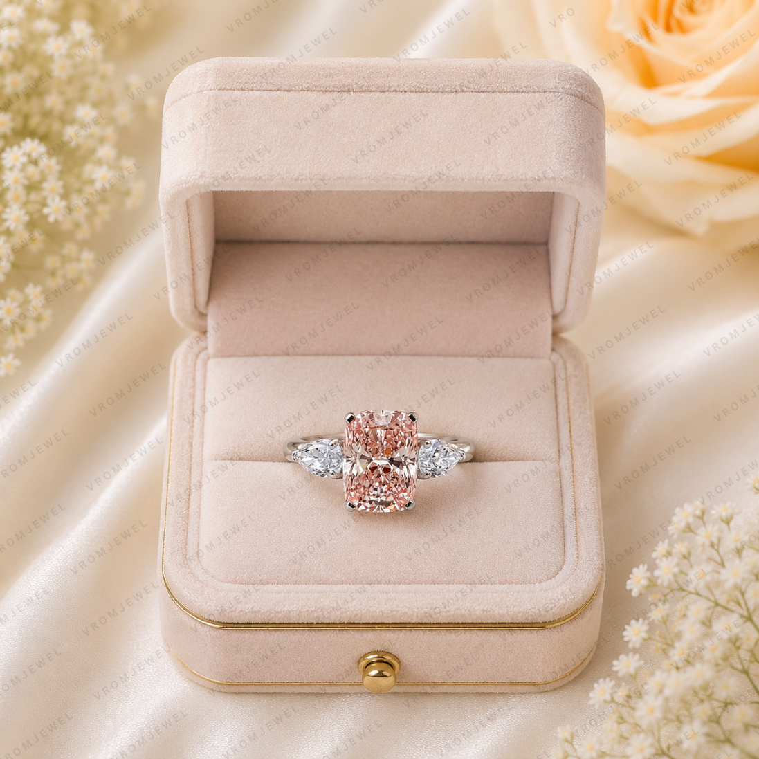 Pink Cushion Cut Lab Grown Diamond Engagement Ring, Vintage Inspired Diamond Ring, Pavé Halo Ring, 10K 14K 18K Gold