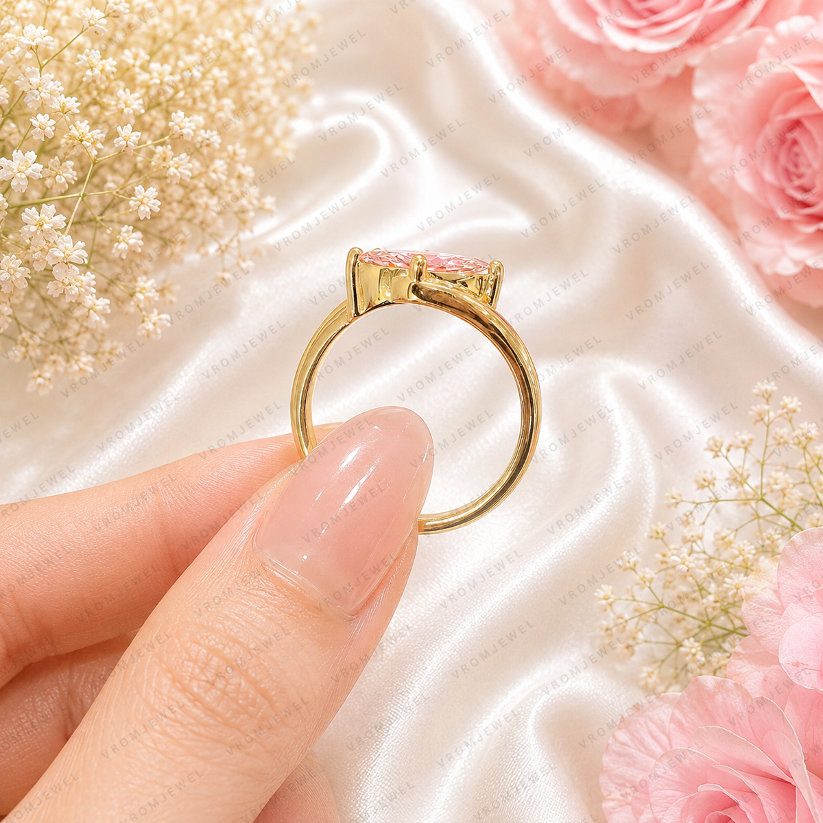 Pink Marquise Lab Grown Diamond Engagement Ring, 1.30 Carat Pink Diamond Ring, Minimalist Solitaire Ring, Unique Curved Setting, 10K 14K
