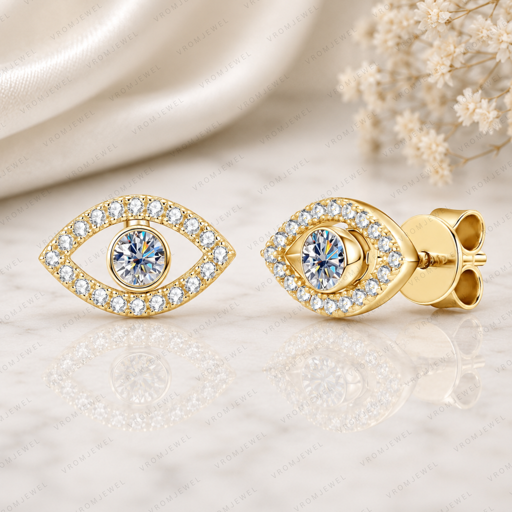 Evil Eye Lab Grown Diamond Stud Earrings, Eye Shape Diamond Earrings, Solid Gold Evil Eye Studs, Minimalist Diamond Earrings, Gift For Her