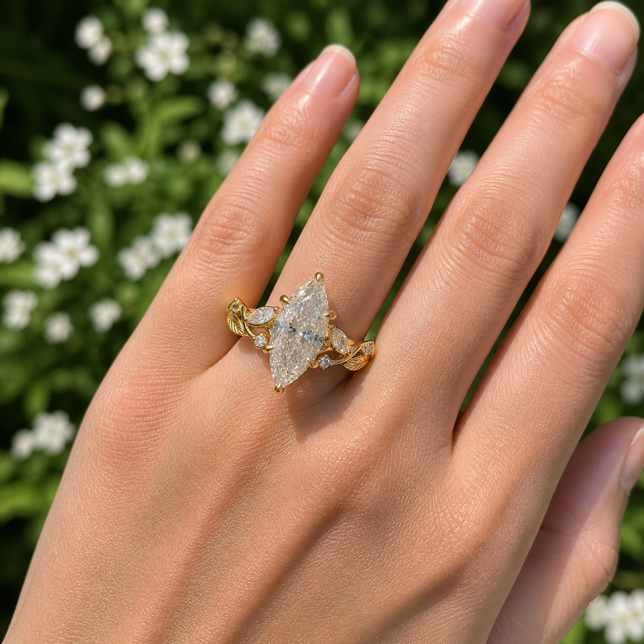 Marquise Diamond Nature Inspired Ring, Marquise Lab Grown Diamond Ring, Floral Diamond Engagement Ring, Leaf Inspired Gold Ring, Unique Ring