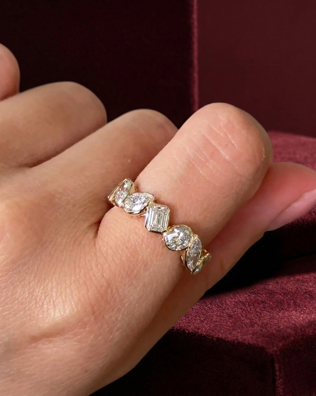 Multi Shape Diamond Half Eternity Band, Bezel Set Diamond Wedding Band, Mixed Shape Diamond Ring, Anniversary Stackable Band
