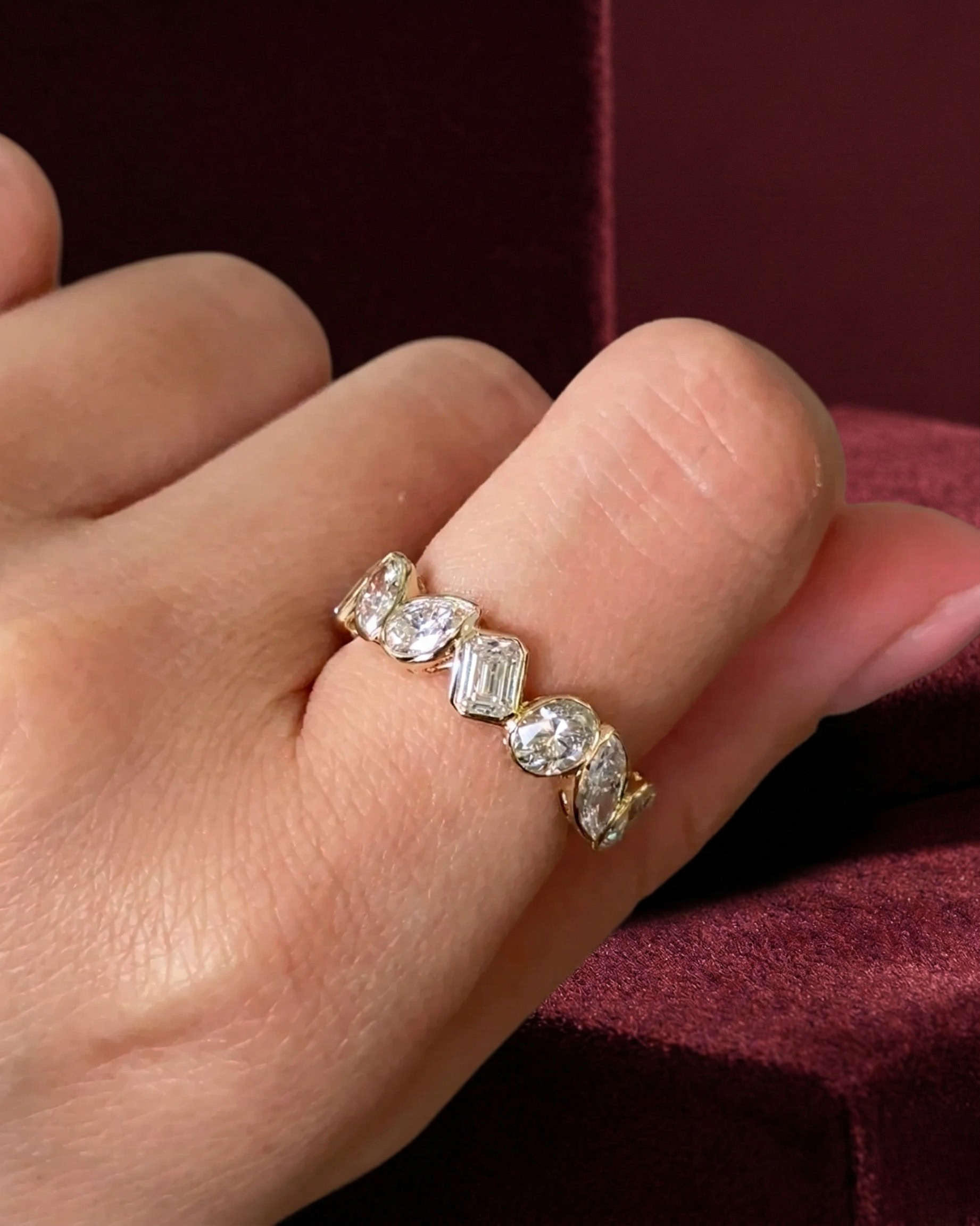Multi Shape Diamond Half Eternity Band, Bezel Set Diamond Wedding Band, Mixed Shape Diamond Ring, Anniversary Stackable Band