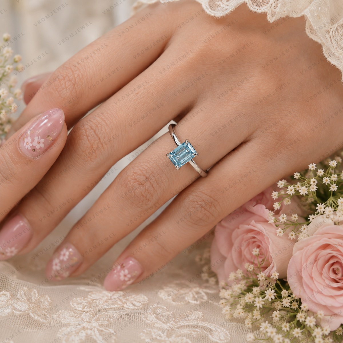 Blue Emerald Cut Lab Grown Diamond Ring, 1.50 Carat Blue Diamond Engagement Ring, Emerald Cut Solitaire Ring, Diamond Accent Setting