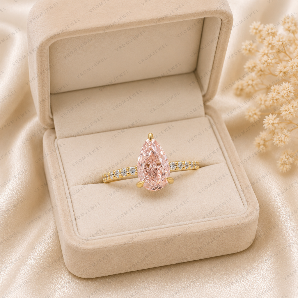 Pink Pear Shape Lab Grown Diamond Engagement Ring, Pink Diamond Solitaire Ring, Minimalist Diamond Ring, 10K 14K 18K Gold