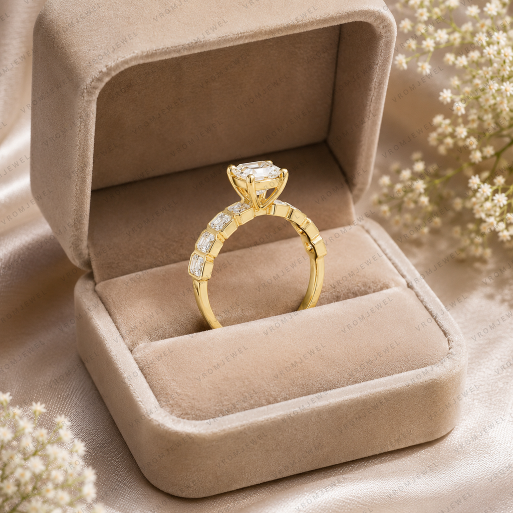 Emerald Cut Lab Grown Diamond Bridal Engagement Ring in Solid 14K Gold