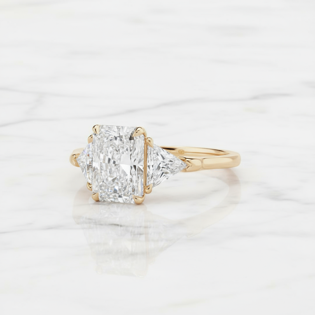 4 CTW Radiant & Triangle Lab Diamond Ring | Three Stone Solitaire | 14K Gold Engagement Ring