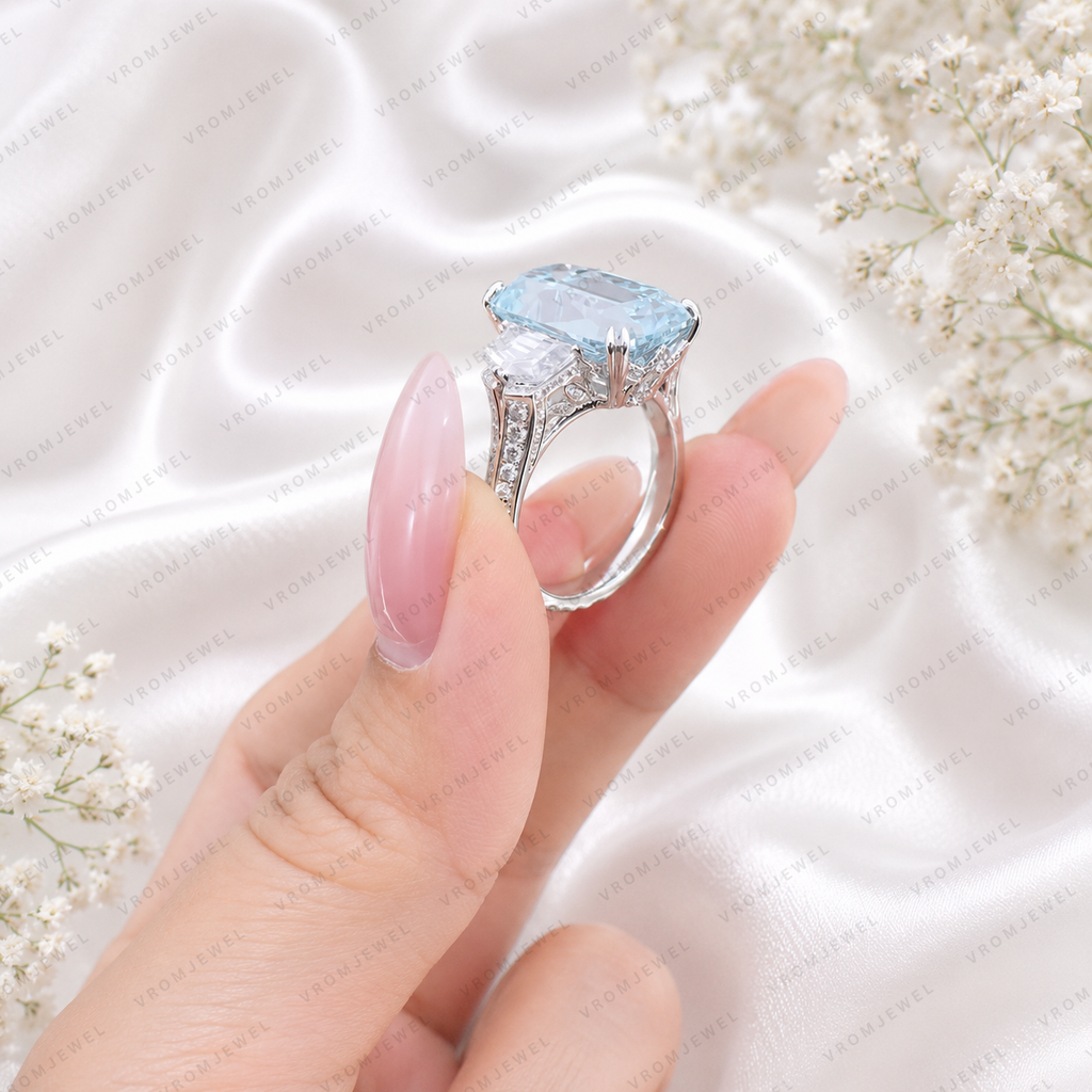 Blue Criss Cut Lab Grown Diamond Engagement Ring, 5 Carat Blue Diamond Ring, Criss Cut Statement Ring, Baguette Side Stones, Pavé Band