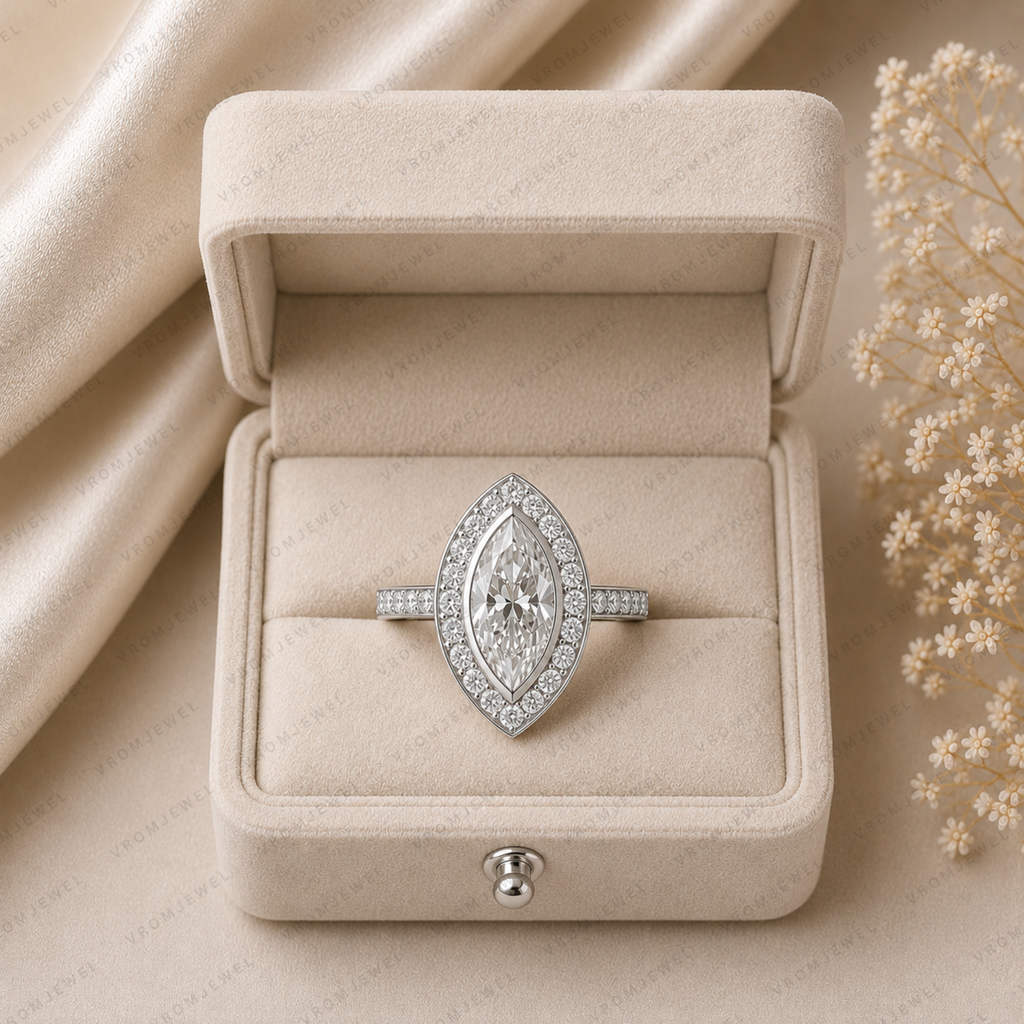 Elegant Marquise Lab Grown Diamond Bezel Set Halo Engagement Ring