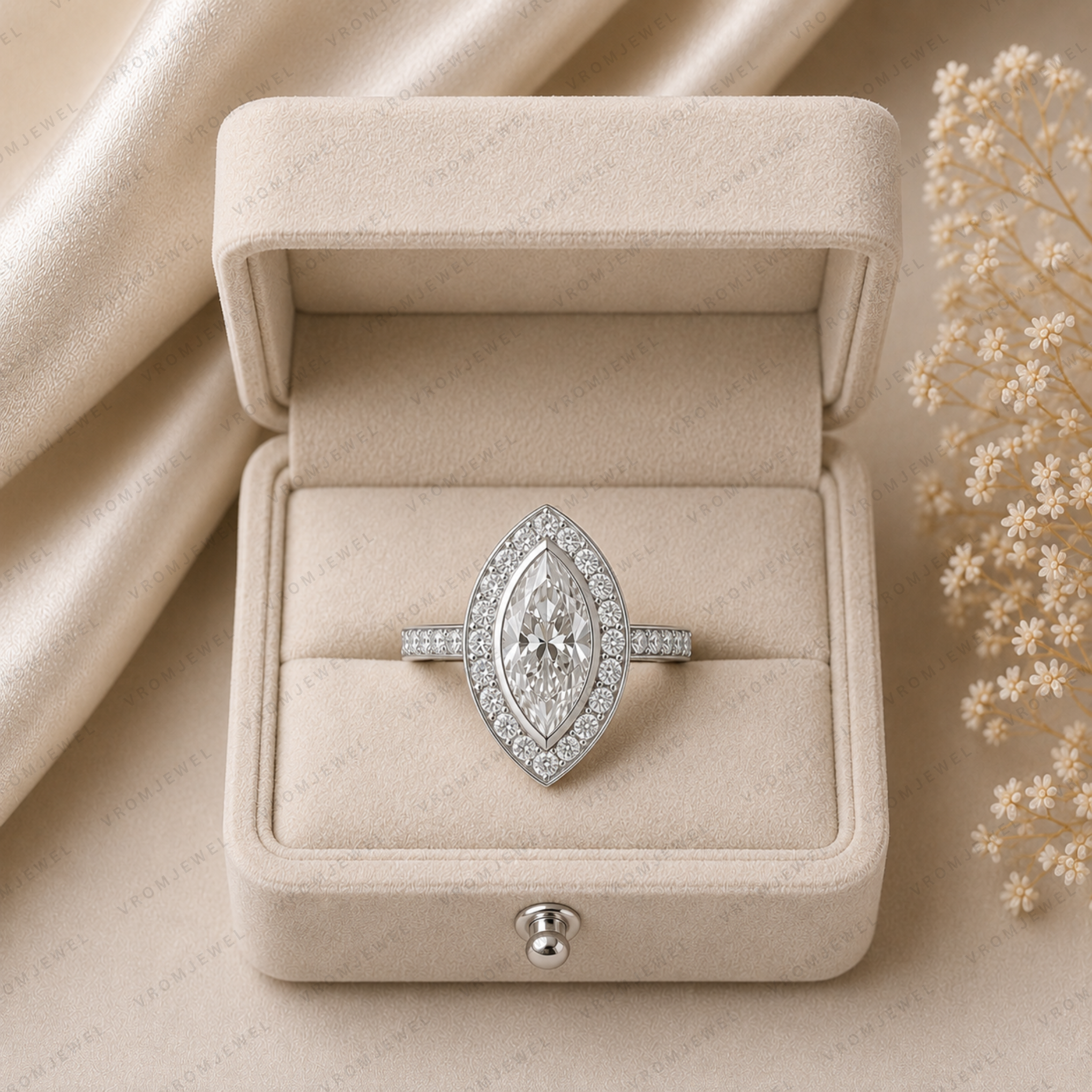 Elegant Marquise Lab Grown Diamond Bezel Set Halo Engagement Ring