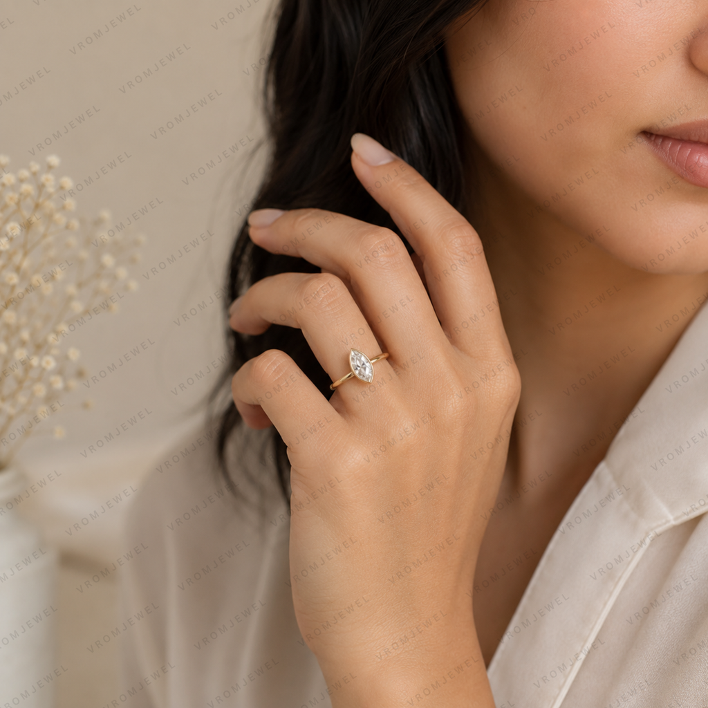 Marquise Cut Lab Grown Diamond Bezel Set Solitaire Ring in Solid 14K Gold