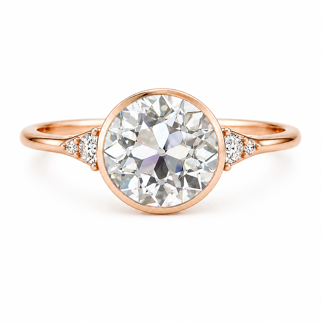 Old European Cut Lab Grown Diamond Ring | 2 CT | Vintage Style with Side Accents | Bezel Engagement Ring | 14K Gold