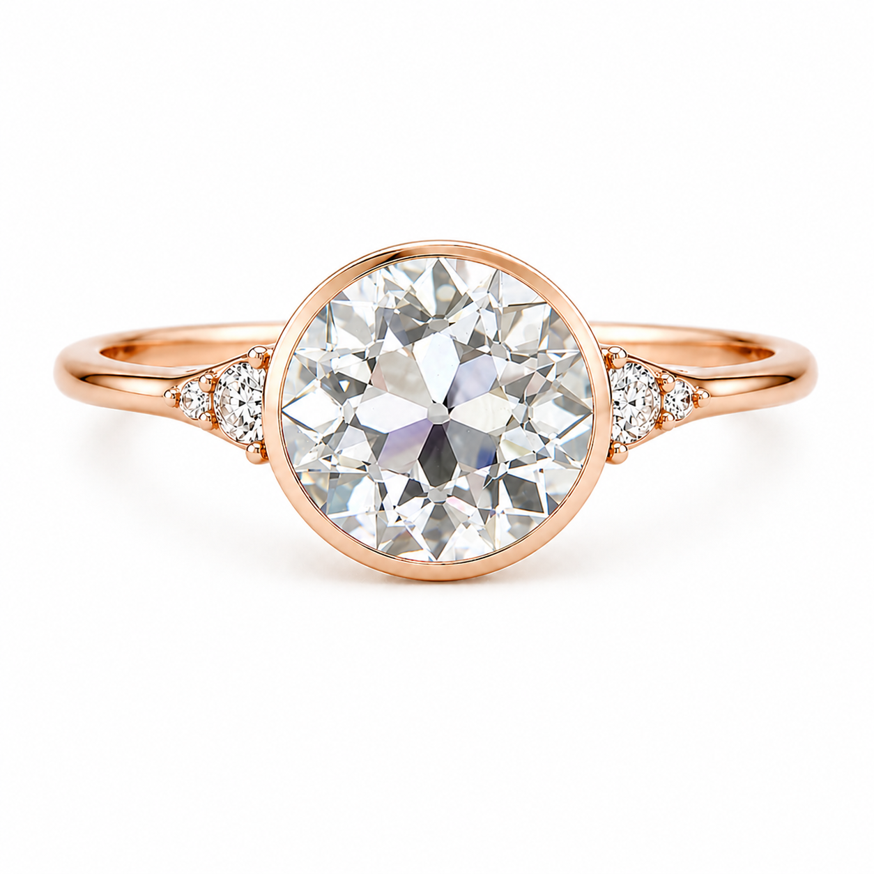 Old European Cut Lab Grown Diamond Ring | 2 CT | Vintage Style with Side Accents | Bezel Engagement Ring | 14K Gold