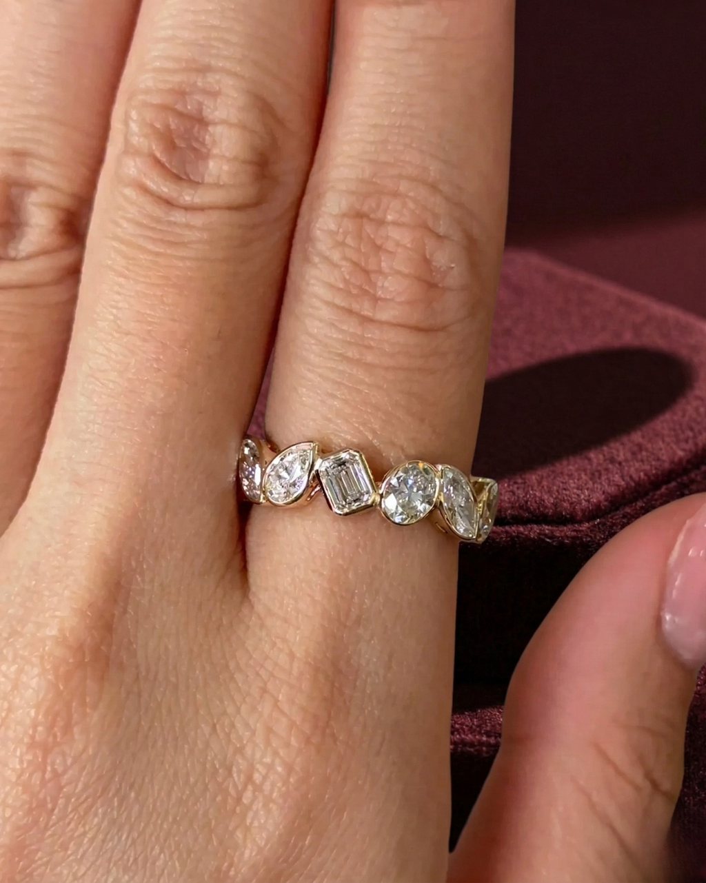 Multi Shape Diamond Half Eternity Band, Bezel Set Diamond Wedding Band, Mixed Shape Diamond Ring, Anniversary Stackable Band