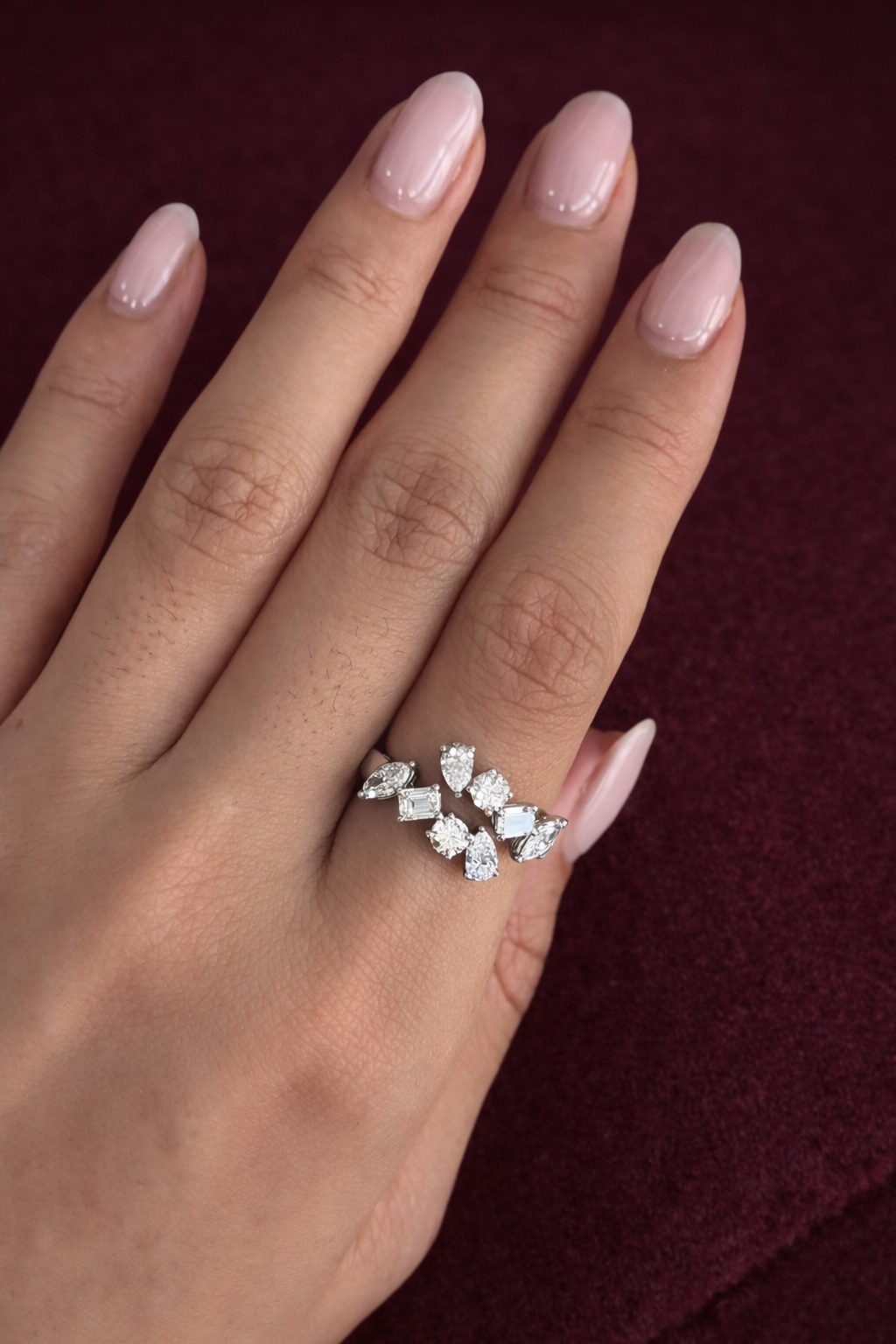 Mixed Shape Diamond Cluster Ring, Marquise Pear Emerald Round Diamond Ring, Unique Diamond Statement Ring, Modern Cluster Engagement Ring
