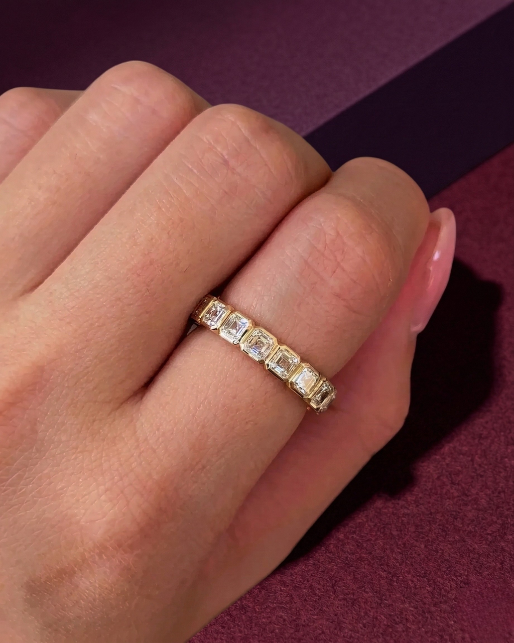 Asscher Cut Diamond Half Eternity Band, Bezel Set Asscher Diamond Wedding Band, Stackable Diamond Ring, Anniversary Diamond Band