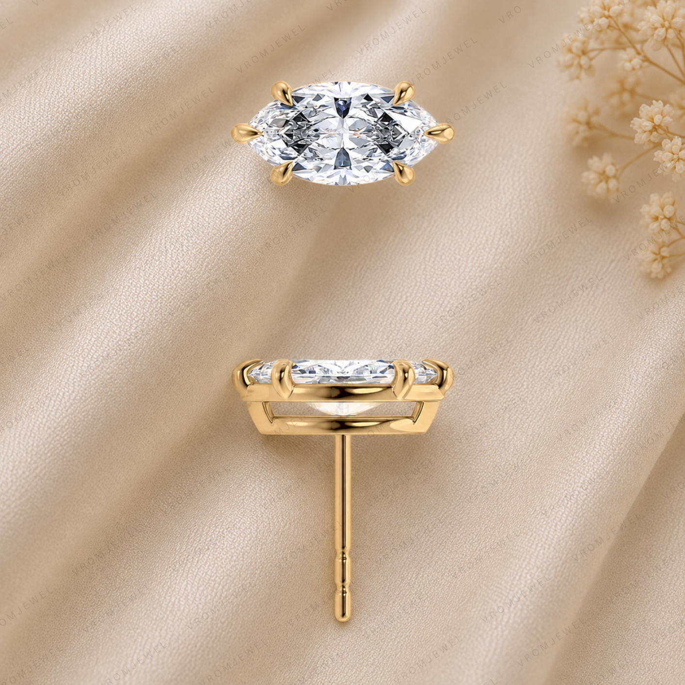 Marquise Lab Grown Diamond Stud Earrings in Solid 14K Gold for Women