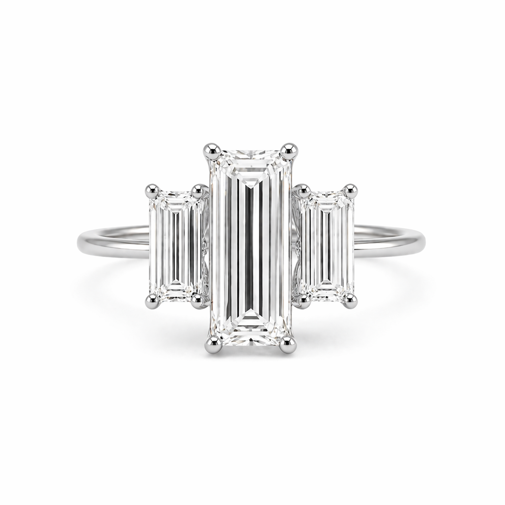 3 Stone Baguette Lab Grown Diamond Ring | 3 CT Total | Step Cut Engagement Ring | 14K Gold Proposal Ring