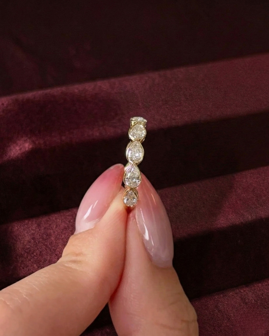 Pear Diamond Half Eternity Band, Bezel Set Pear Diamond Wedding Band, Pear Shape Diamond Anniversary Ring, Stackable Pear Diamond Ring.