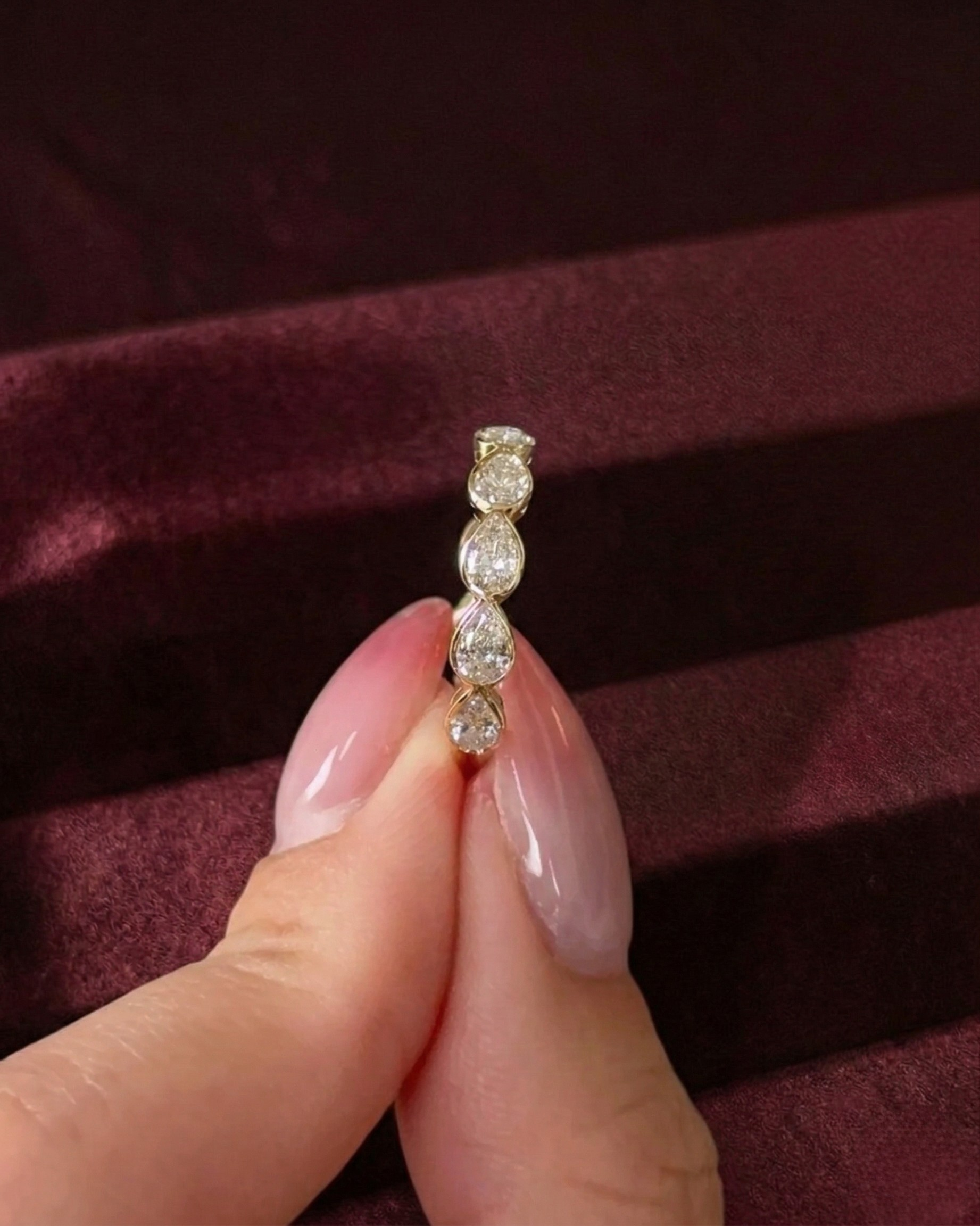 Pear Diamond Half Eternity Band, Bezel Set Pear Diamond Wedding Band, Pear Shape Diamond Anniversary Ring, Stackable Pear Diamond Ring.