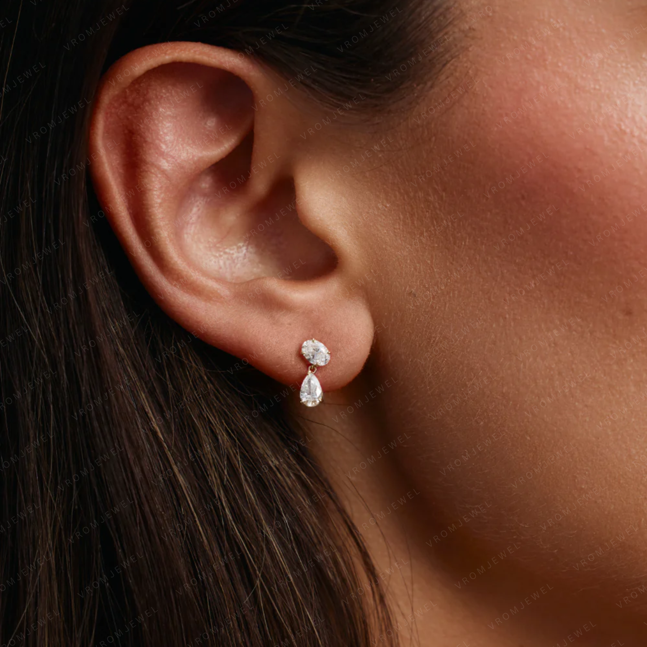 Oval & Pear Cut Lab Grown Diamond Two Stone Earrings in Solid 14K Gold