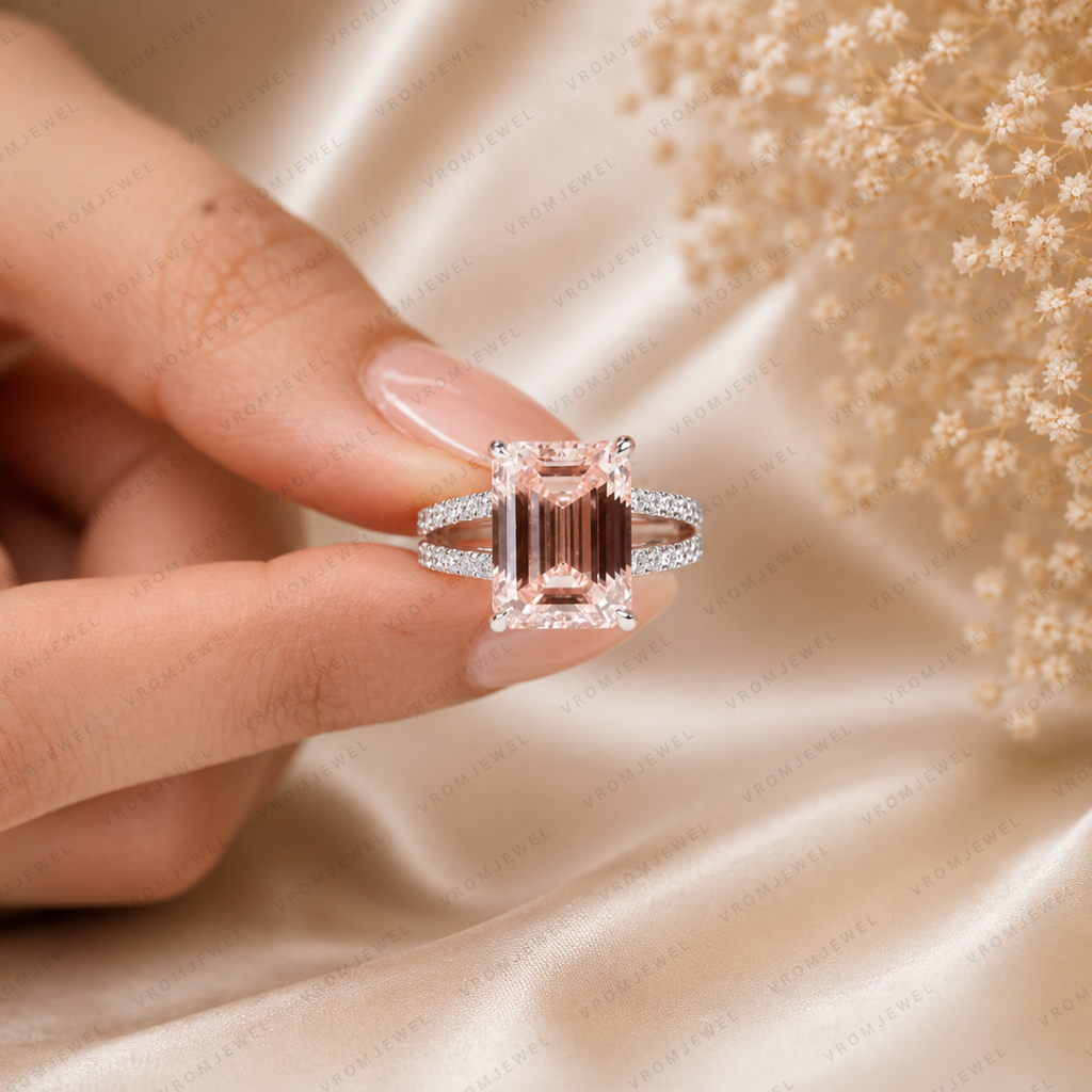 Pink Emerald Cut Lab Grown Diamond Engagement Ring, Split Shank Diamond Ring, Pink Diamond Ring, Pavé Setting, 10K 14K 18K Gold