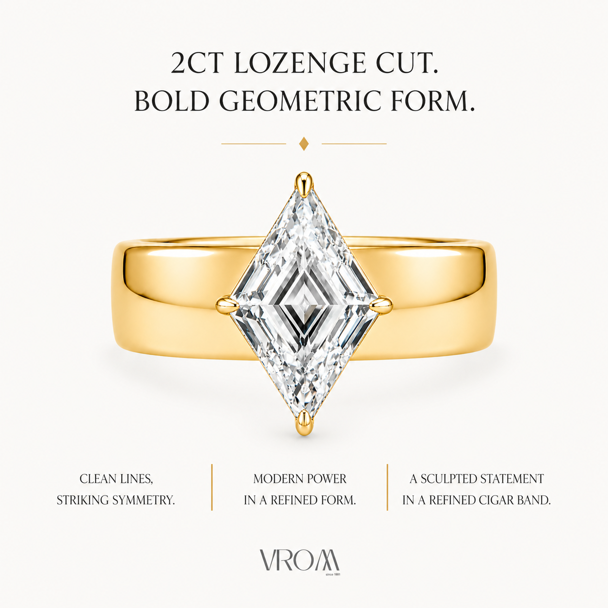 Lozenge Shape Lab Grown Diamond Ring | 2 CT | Bold Cigar Band | Geometric Engagement Ring | 14K Gold