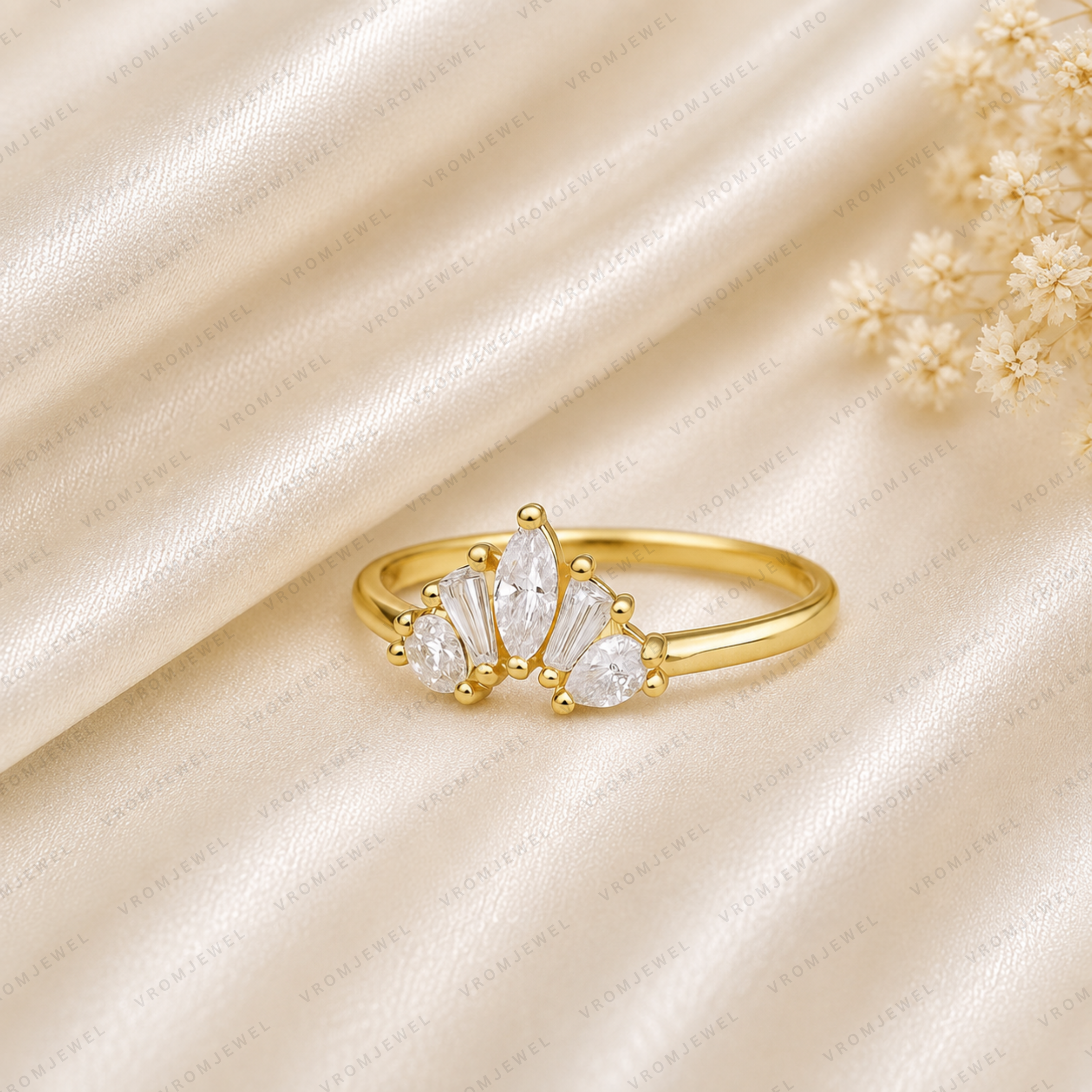 Curved Wedding Band | Lab Grown Diamond | Mixed Cut | 14K Gold Stacking Ring