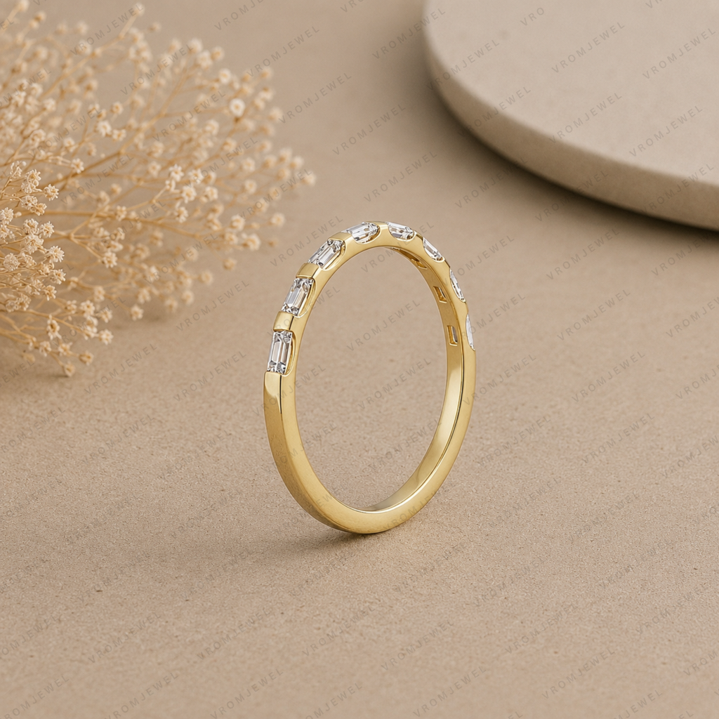 Baguette Lab Grown Diamond Wedding Band: Minimalist Half Eternity Stacking Ring
