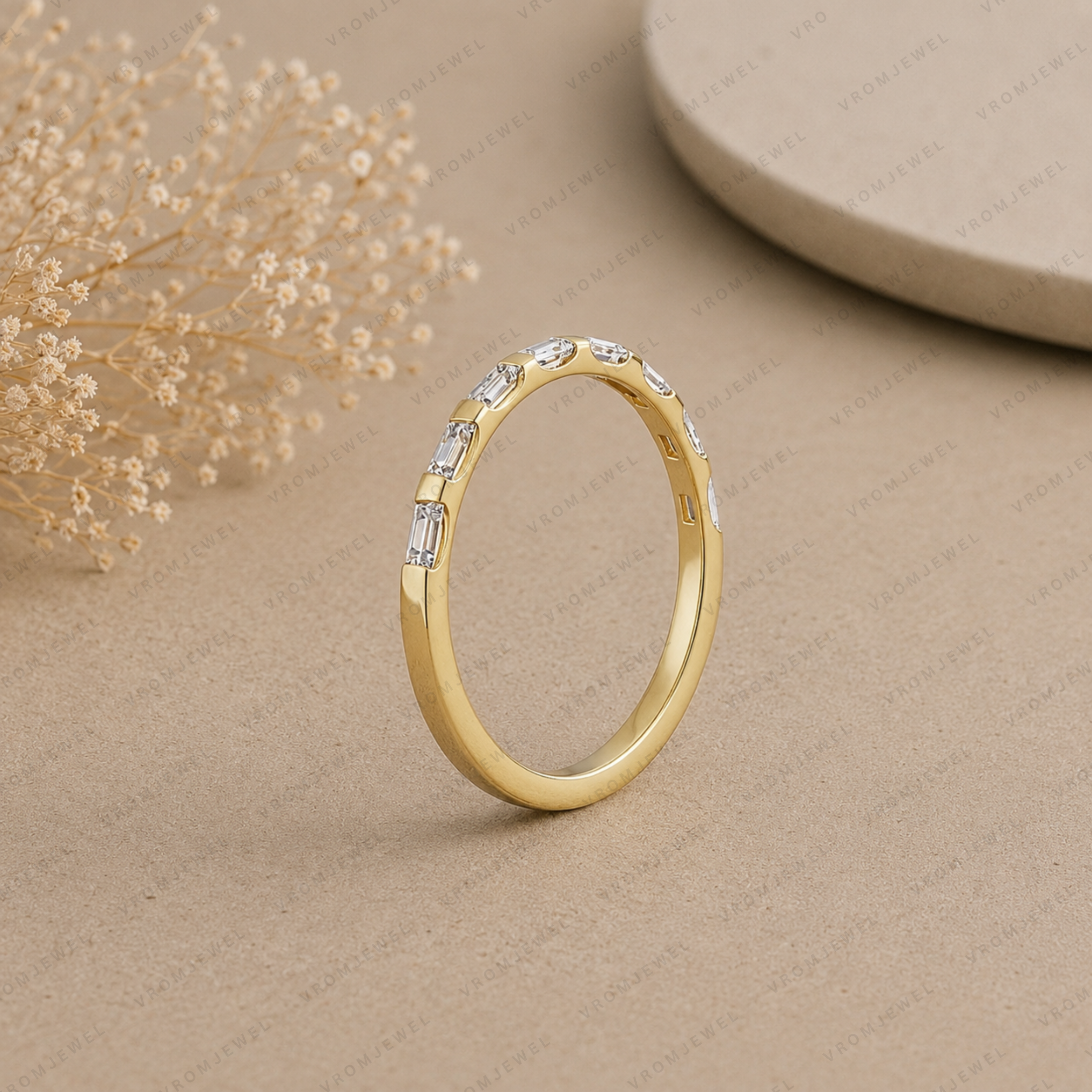 Baguette Lab Grown Diamond Wedding Band: Minimalist Half Eternity Stacking Ring