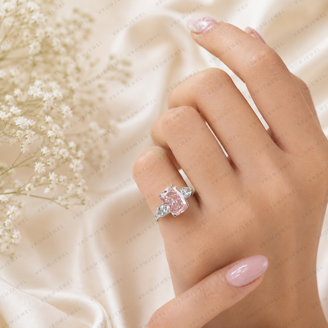 Pink Cushion Cut Lab Grown Diamond Engagement Ring, Vintage Inspired Diamond Ring, Pavé Halo Ring, 10K 14K 18K Gold