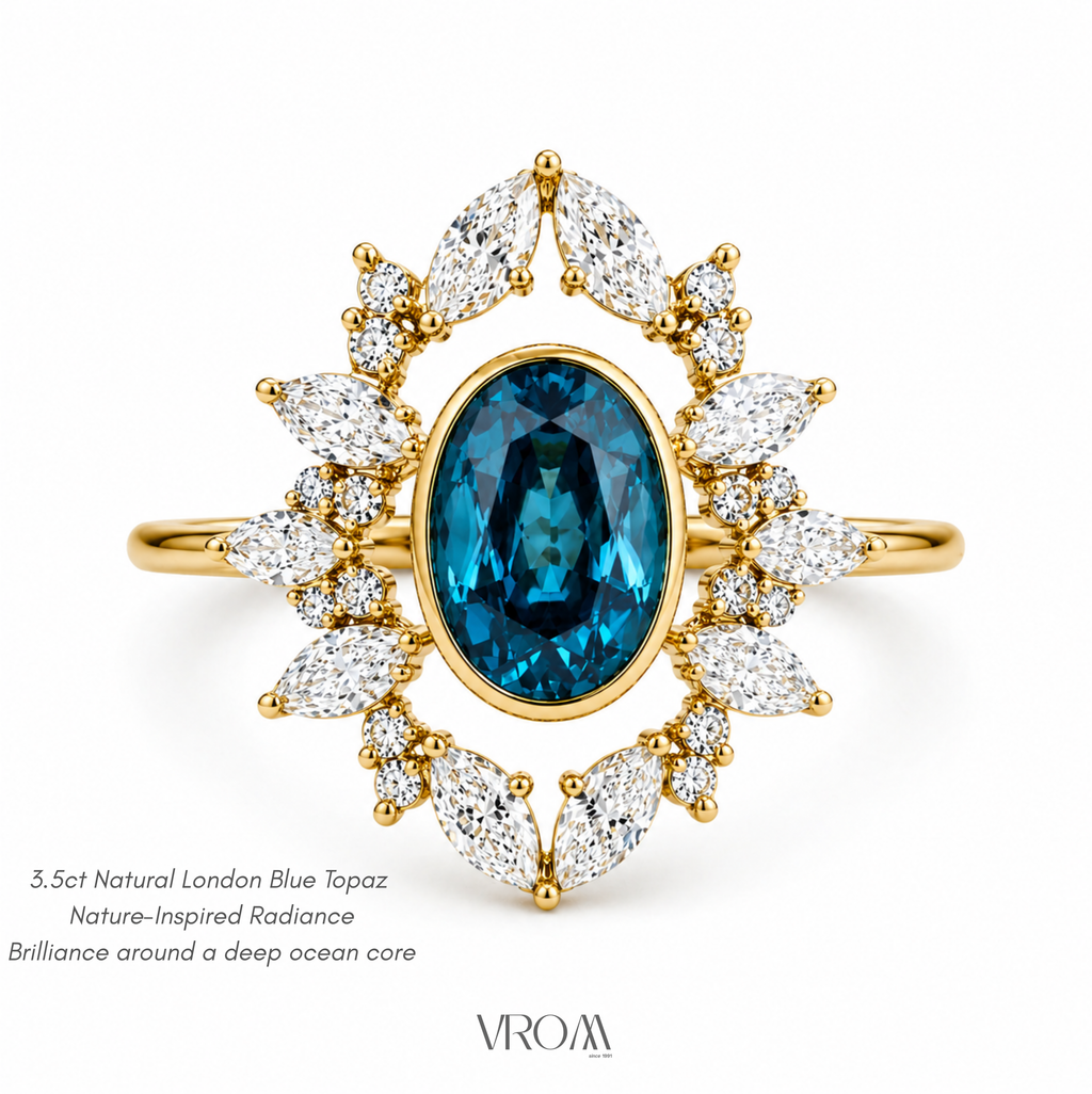 London Blue Topaz Nature Inspired Ring | 3.5 CT Oval Gemstone | Marquise & Round Diamond Halo | Vintage Floral Ring | 14K Gold