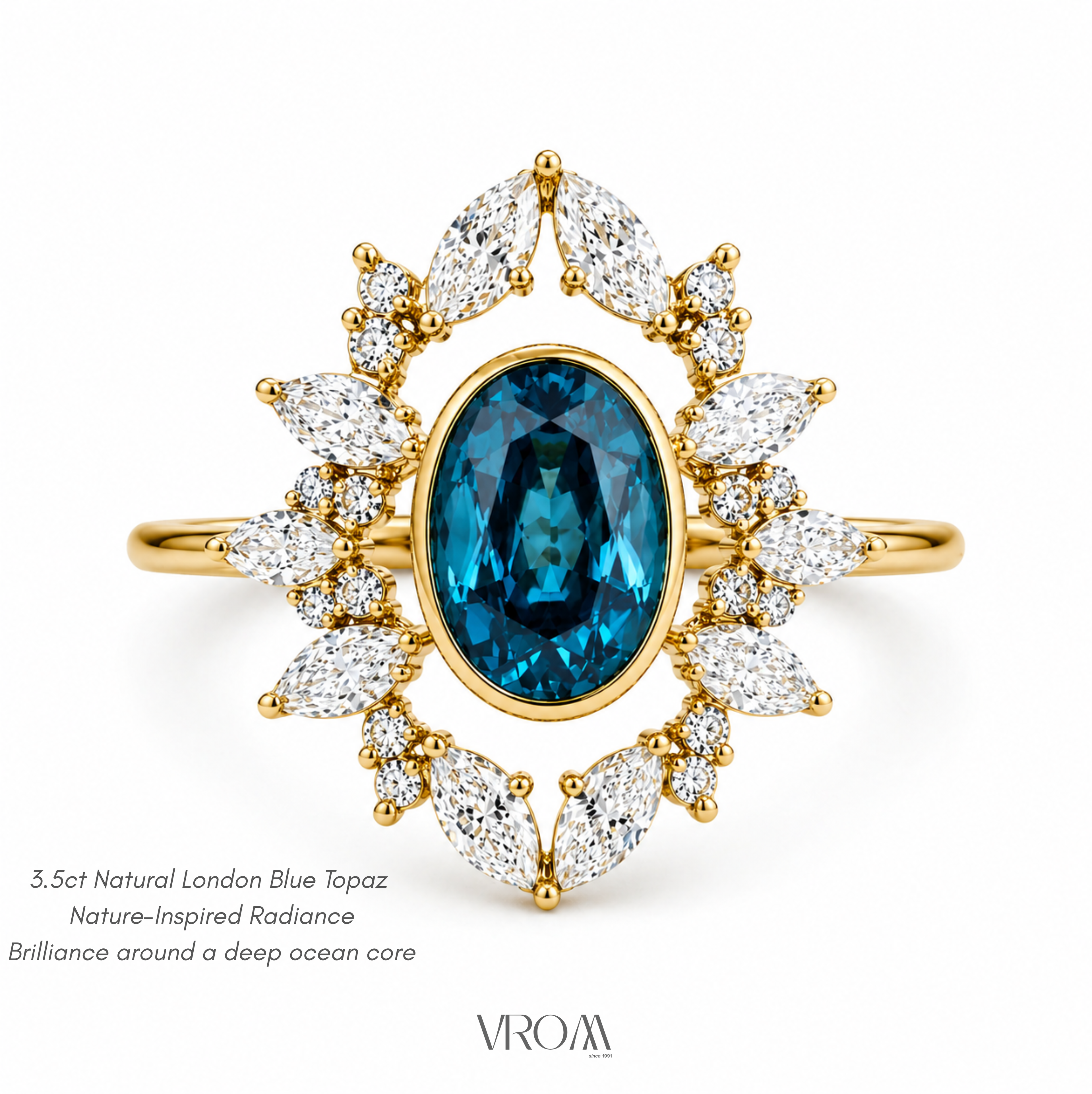 London Blue Topaz Nature Inspired Ring | 3.5 CT Oval Gemstone | Marquise & Round Diamond Halo | Vintage Floral Ring | 14K Gold