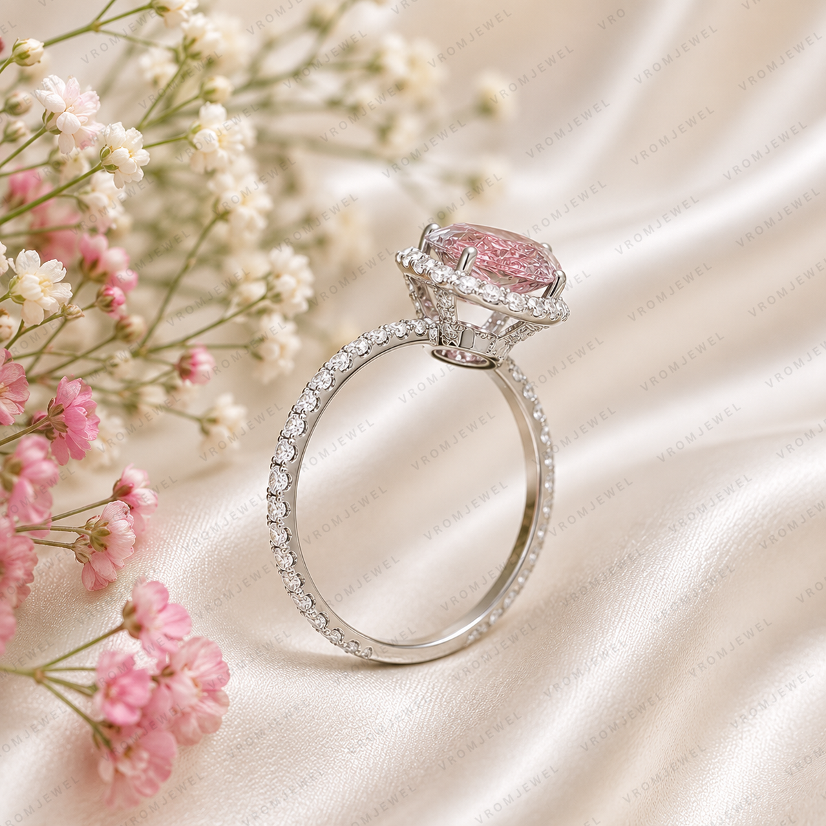 Pink Oval Lab Grown Diamond Engagement Ring, 2.50 Carat Pink Diamond Ring, Oval Halo Ring, Pave Diamond Band, Vintage Inspired Ring, 10K 14K