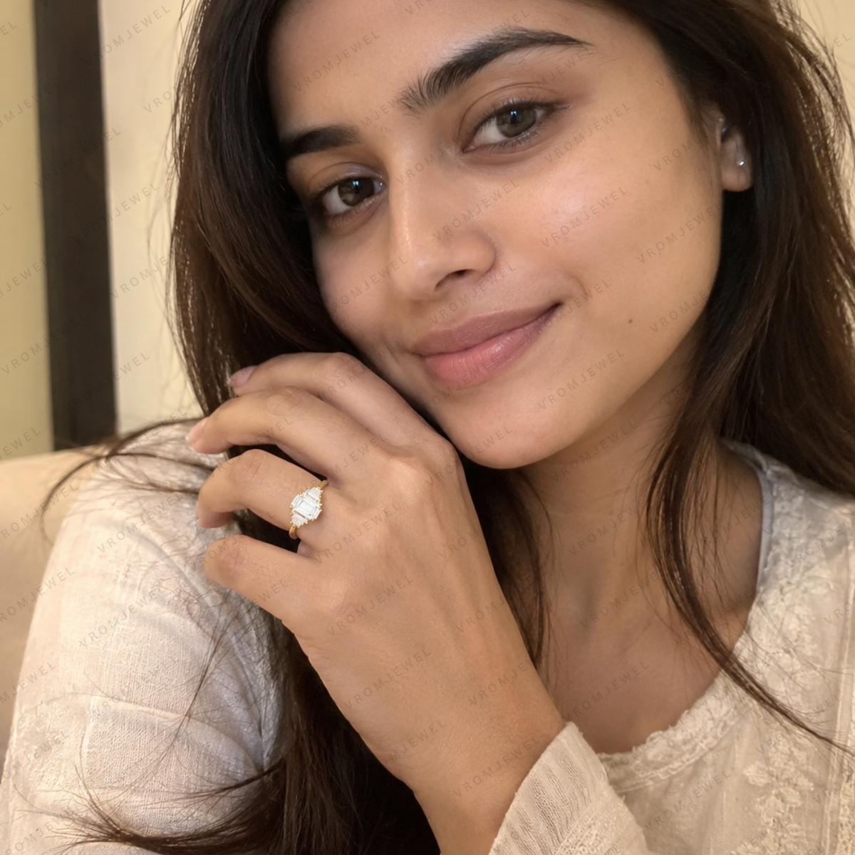 Emerald Cut Lab Grown Diamond Engagement Ring | 14K Gold Baguette Bar Ring