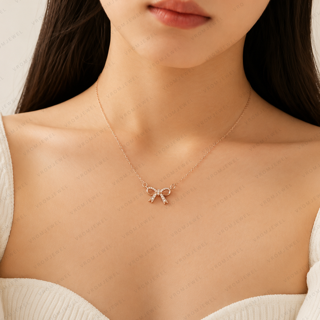 Bow Diamond Necklace, Lab Grown Diamond Bow Pendant, Solid Gold Bow Necklace, Minimalist Ribbon Necklace, Cute Diamond Necklace