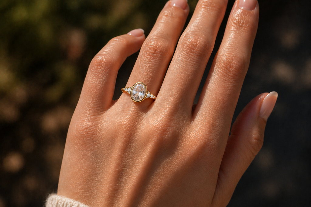 Oval Rose Cut Lab Grown Diamond Ring | 1 CT | Bezel Setting | Graduated Side Accents | Art Deco Vintage Engagement Ring | 14K Gold