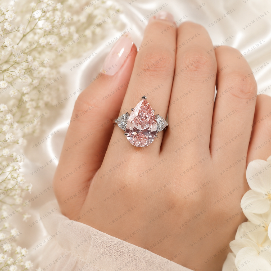 10 Carat Pink Pear Lab Grown Diamond Engagement Ring, Triangle Diamond Accents, Pink Pear Shape Ring, Statement Bridal Ring
