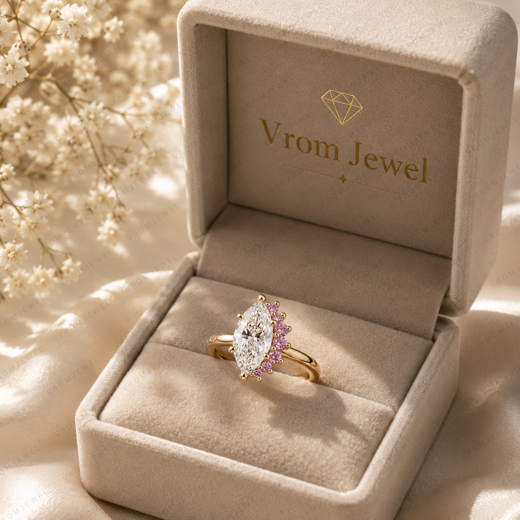 Marquise Lab Grown Diamond & Pink Sapphire Two Stone Ring in 14K or 18K Gold