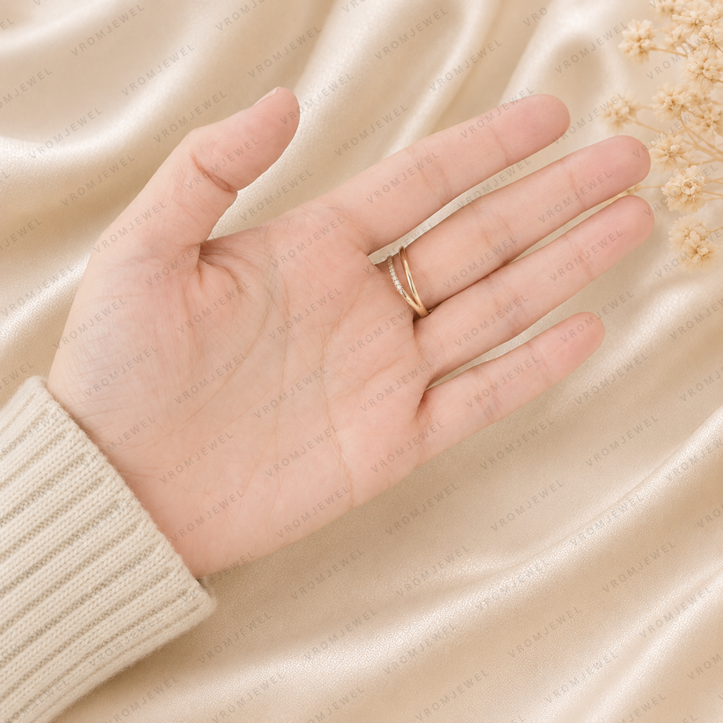 Double Wave Diamond Wedding Band | Lab Grown | 14K Gold | Stacking Ring