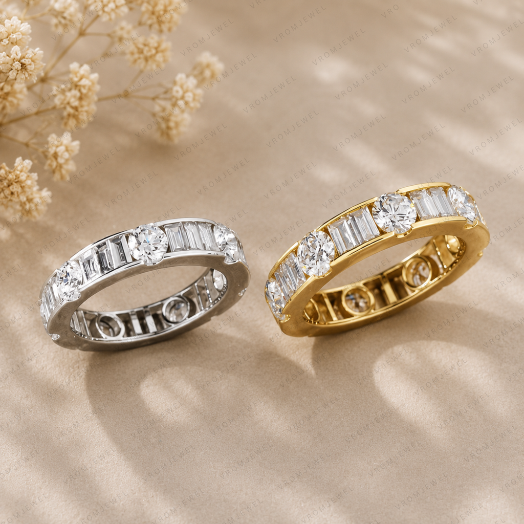 Lab Grown Diamond Eternity Band: 14K Gold Alternating Round & Baguette Anniversary Ring